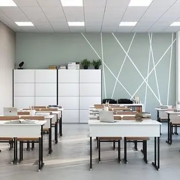 Белые парты и деревянные стулья Белые парты и деревянные стулья mebel-dlya-kabinetov-5