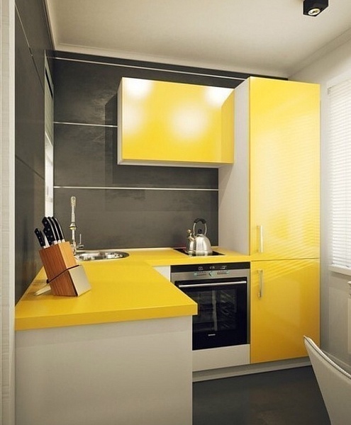 Желтая угловая кухня 077